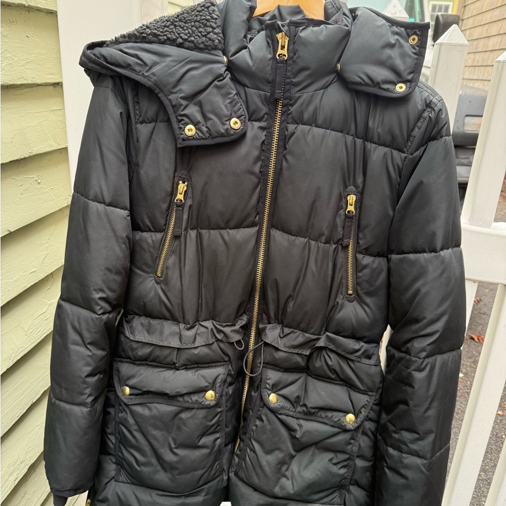 J. Crew Black Puffer Jacket with Gold Accents